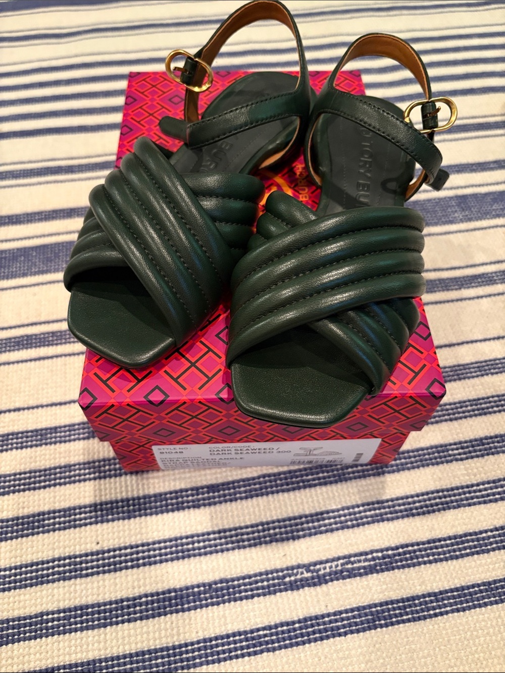 NWT Tory Burch Kira Quilted Ankle Strap Sandals in Dark Seaweed Nappa Leather S6